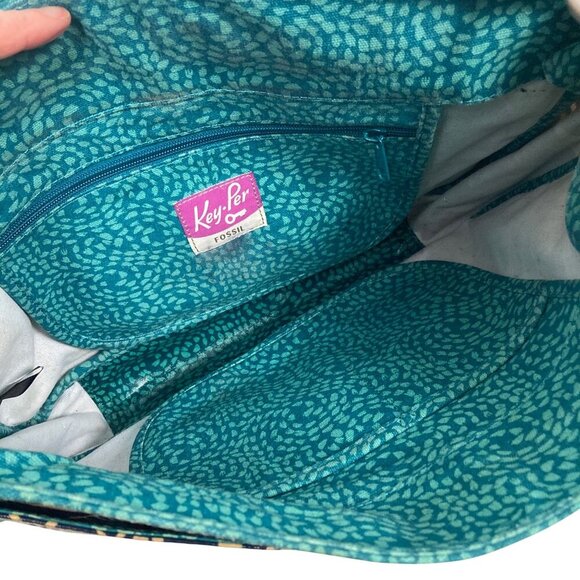 Fossil Key Per Coated Canvas Messenger Bag Blue Key Print Adjustable Strap - Picture 12 of 16